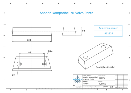 Anodes compatible to Volvo Penta | Block-Anode 290 / Duo-Prop 852835 (AlZn5In) | 9204AL