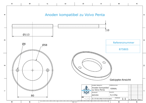 Anodes compatible to Volvo Penta | Ring-Anode 250/270 875805 (AlZn5In) | 9206AL