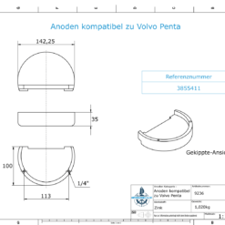 Anodes compatible to Volvo Penta | Block-Anode Zn Mg 3855411 (Zinc) | 9236