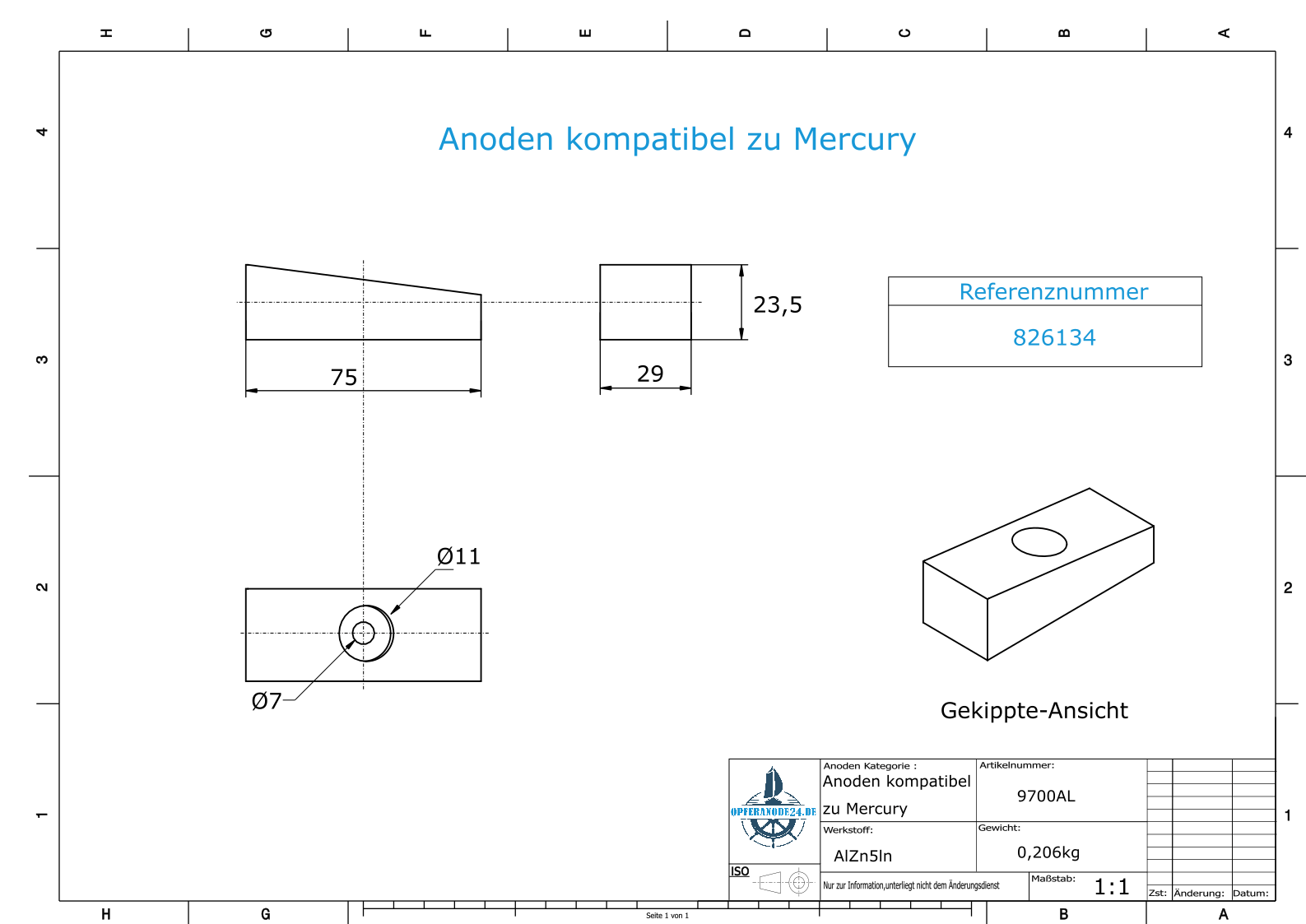 Anodi compatibili con Mercury | Anodo dell'albero 826134 (AlZn5In) | 9700AL