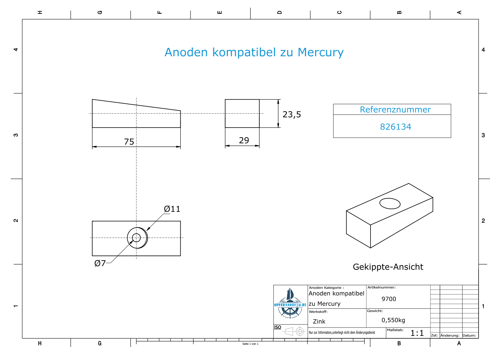 Anodi compatibili con Mercury | Anodo dell'albero 826134 (Zinco) | 9700