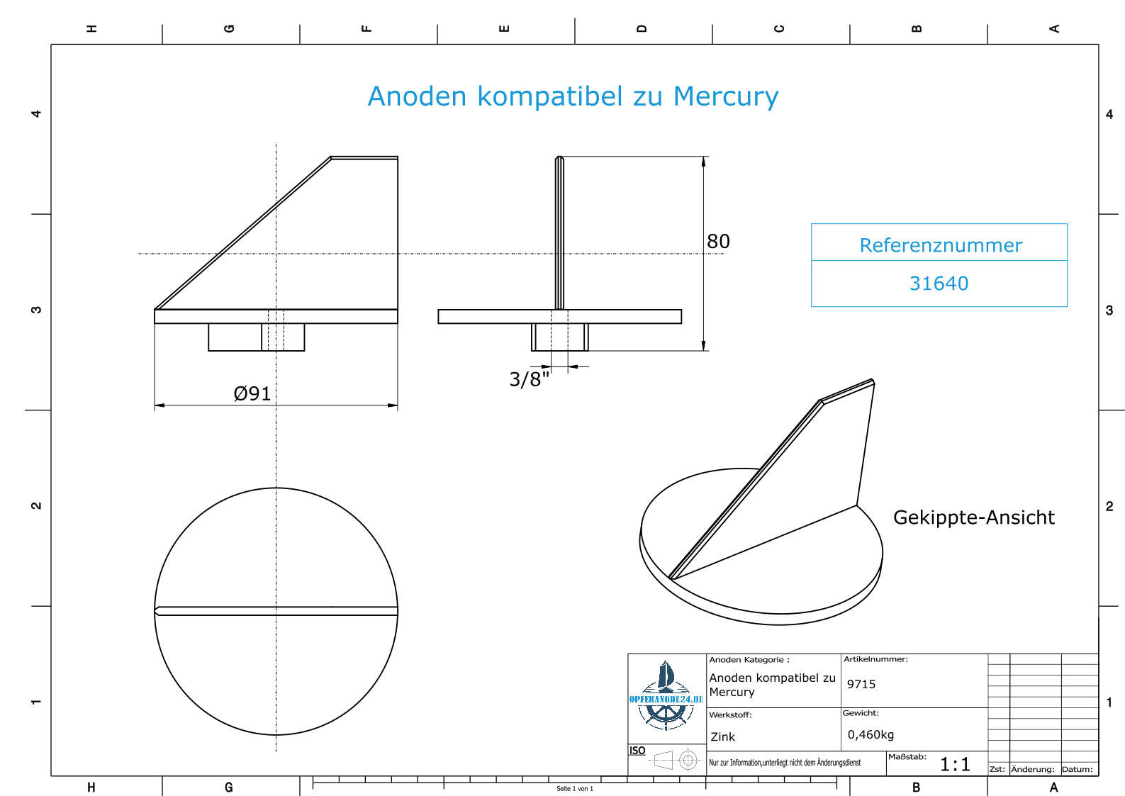 Anodi compatibili con Mercury | Anodo di rifinitura 40 31640 (Zinco) | 9715