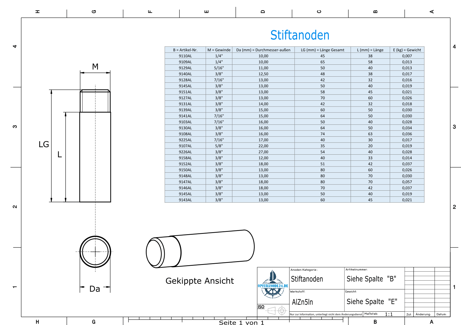 Anodi a spillo 3/8'' Ø16/L50 (AlZn5In) | 9122AL